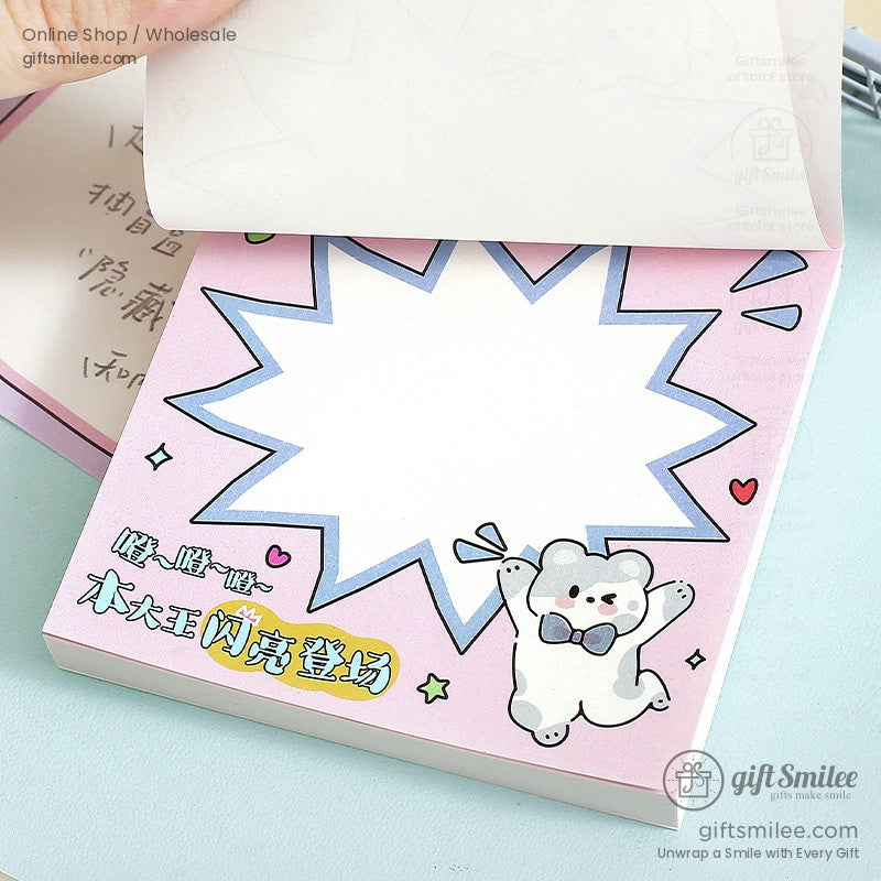 Pink notepad with cartoon bear design blue border starburst pattern playful hearts and vibrant decorative text