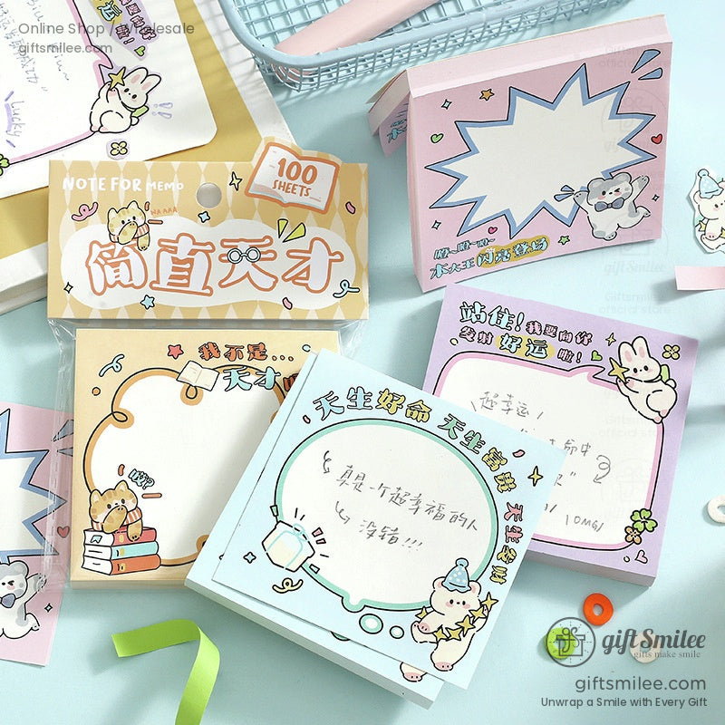 Pastel sticky notes with cartoon animals speech bubble designs and playful illustrations in pink yellow and blue tones