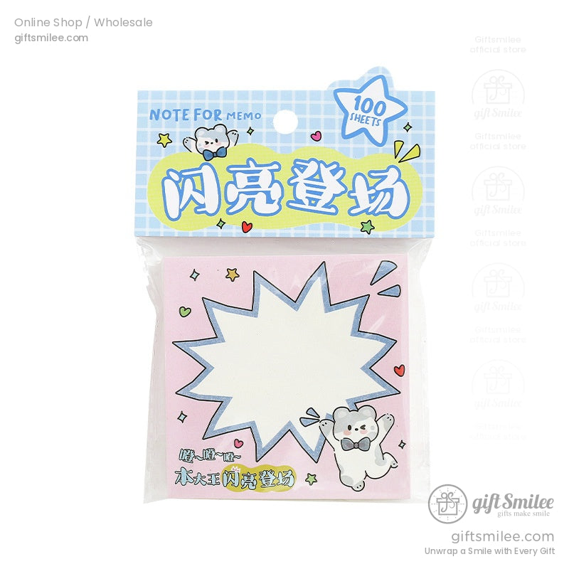 Pink starburst sticky notes with blue border cartoon bear design colorful heart accents and 100sheet packaging