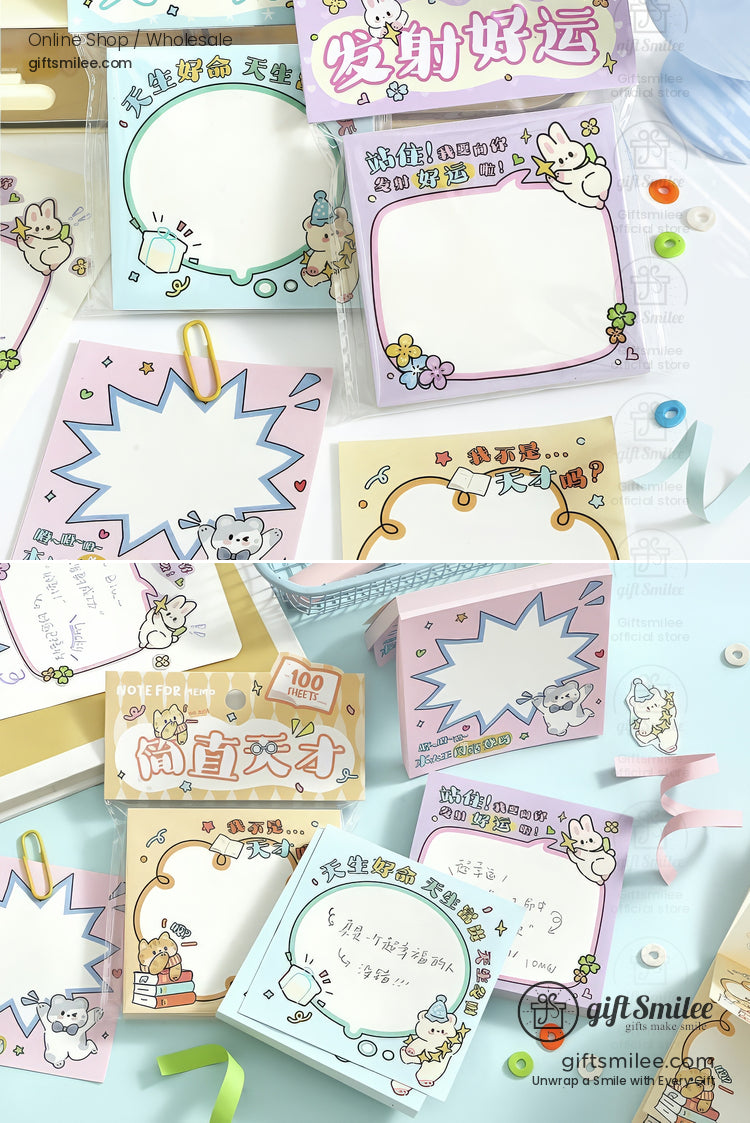 Pastel sticky notes with cartoon animal designs including rabbits and bears decorative borders and playful text accents