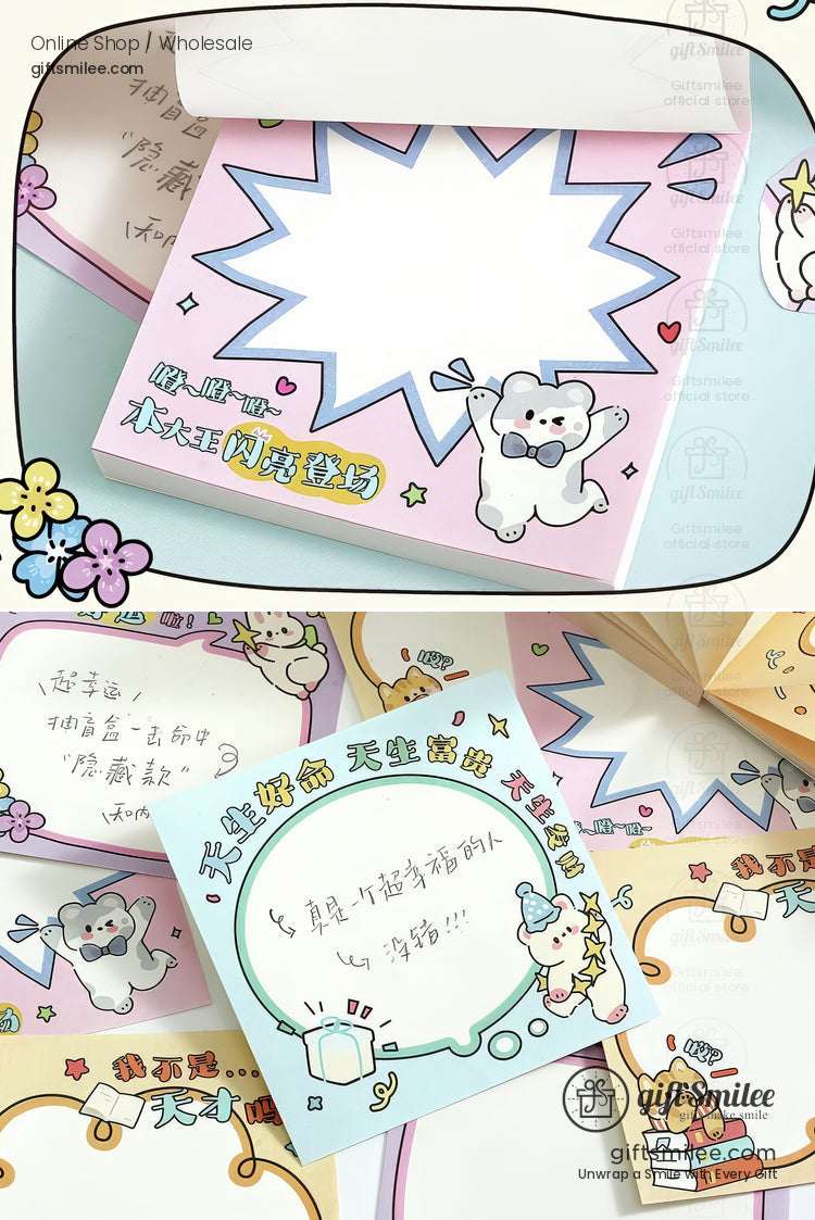 Pastelcolored sticky notes featuring cartoon animals playful borders speech bubble designs and decorative accents