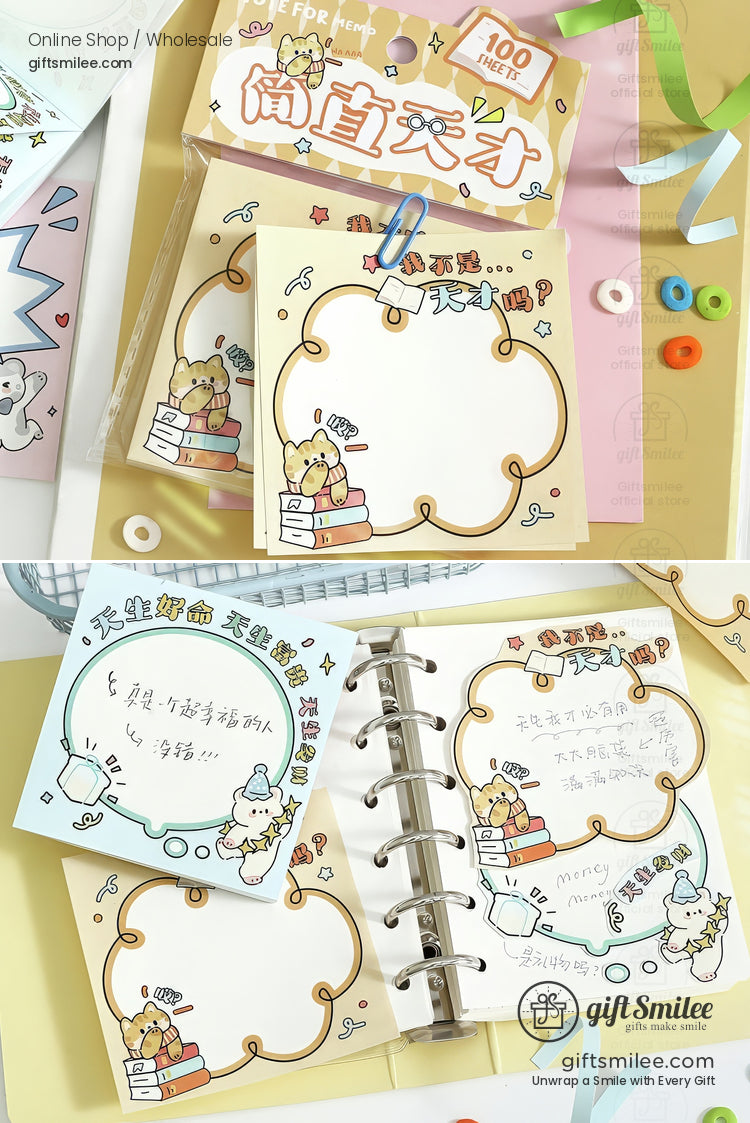 Cute cartoon sticky notes with scalloped edges pastel blue and yellow designs book and cat illustrations 100 sheets