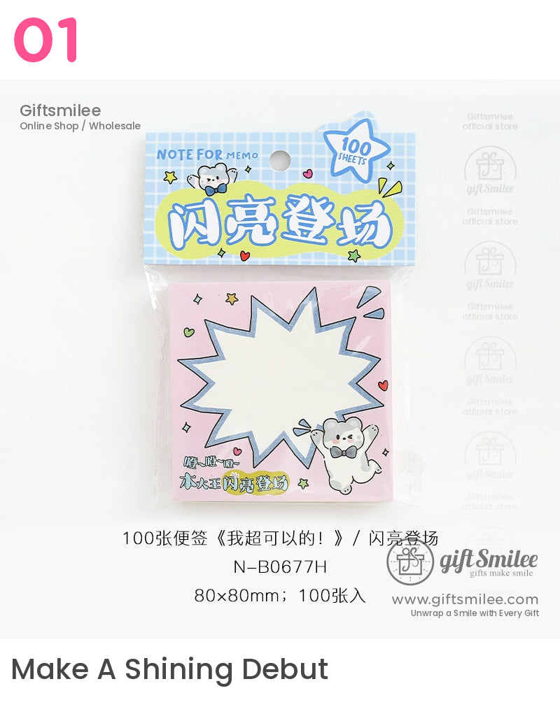 Pink sticky notes with cartoon bear design blue starburst frame colorful hearts 80x80mm 100 sheets per pad