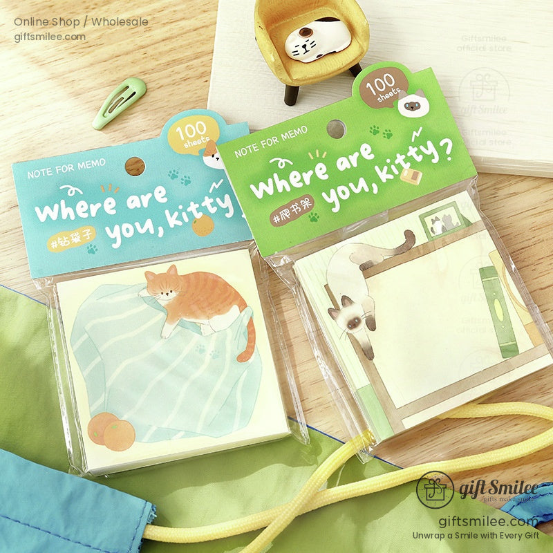 Cute sticky notes with cat illustrations including an orange tabby on a striped blanket and a Siamese on a green shelf 100 sheets