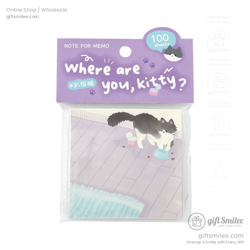 Purple memo pad with 100 sheets playful blackandwhite cat illustration pastel bowls and wooden floor design