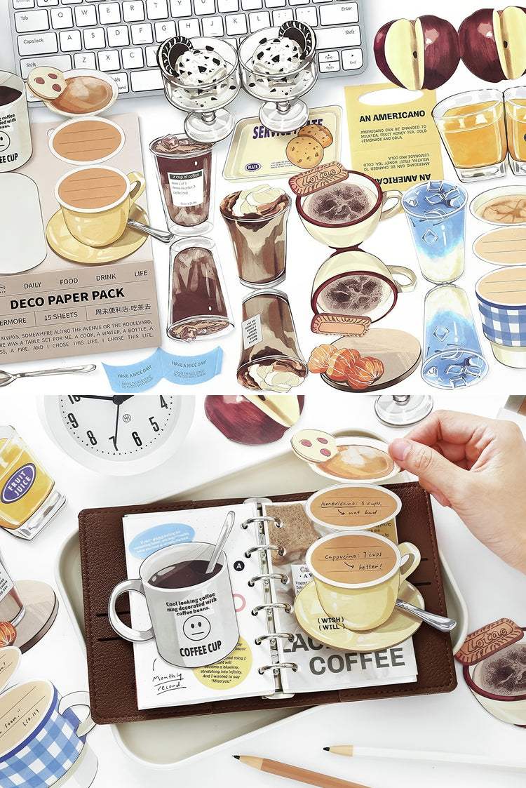 Coffeethemed decorative stickers with latte espresso pastries and mugs in vibrant colors perfect for planners