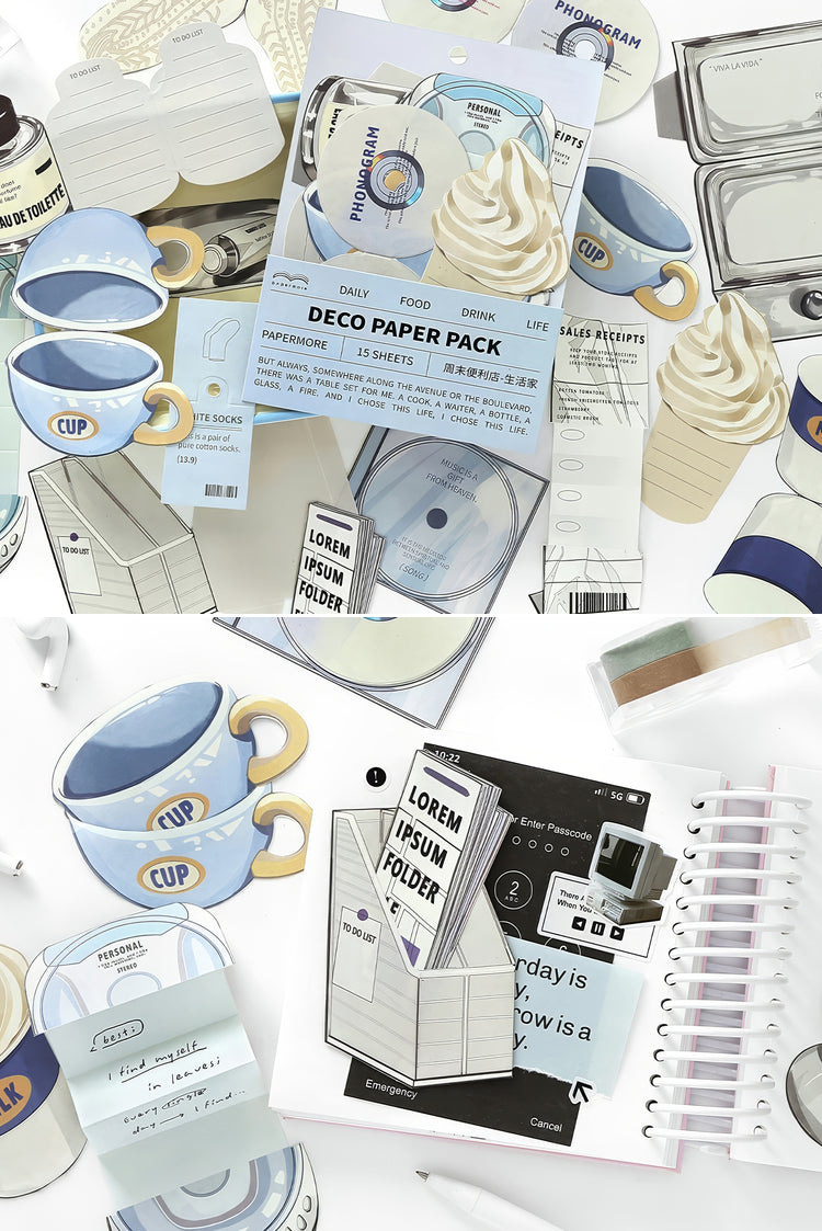 Stationery set with blue cup stickers ice cream cutouts retrothemed paper pack and spiral notebook on white background