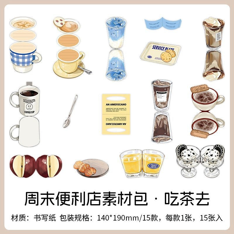 Assorted coffee tea and dessertthemed stickers including cups pastries and beverages in vibrant detailed designs