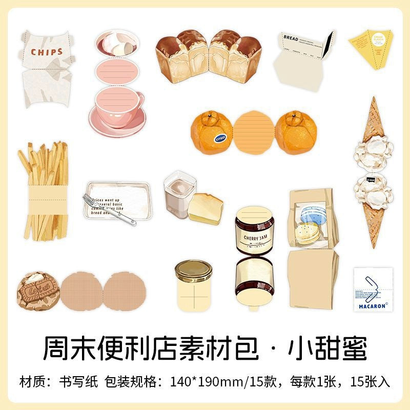 Assorted pastel stationery stickers with bread jam fries ice cream oranges and coffee cup designs on kraft paper
