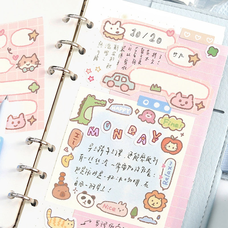 Pastel pink and white planner pages with cute doodles of animals cars and phrases in colorful cartoonstyle designs