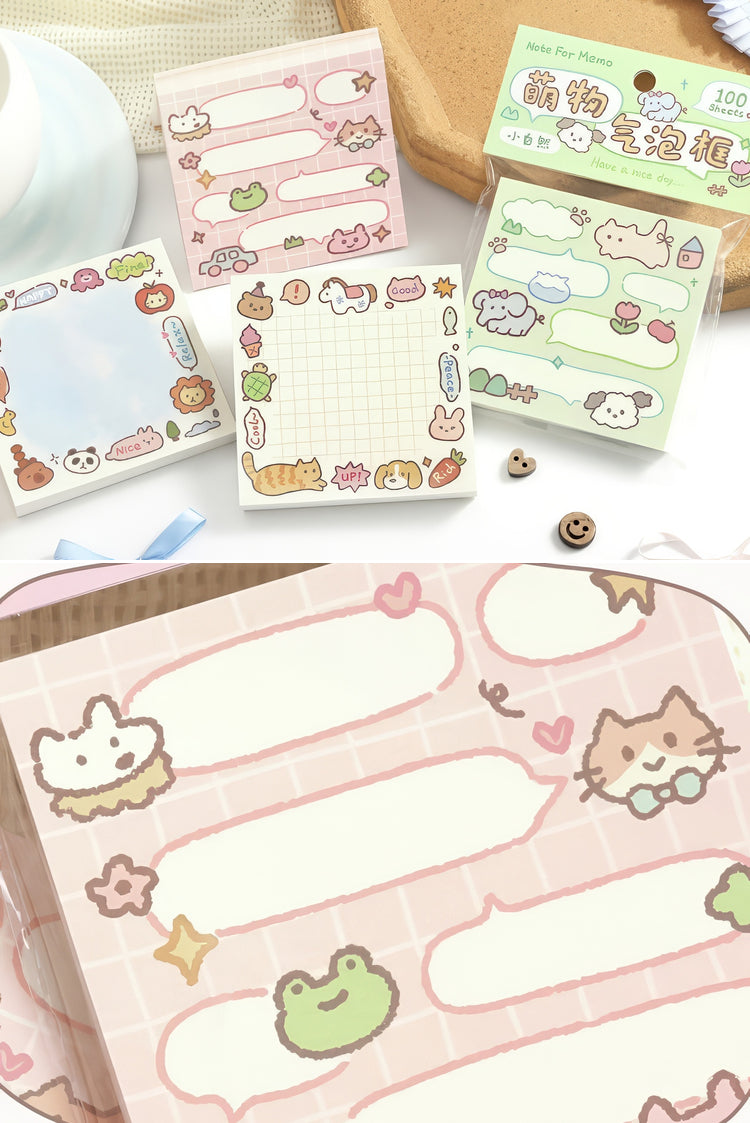 Pastel sticky notes with cute animal designs including cats frogs and pandas on pink green and grid backgrounds