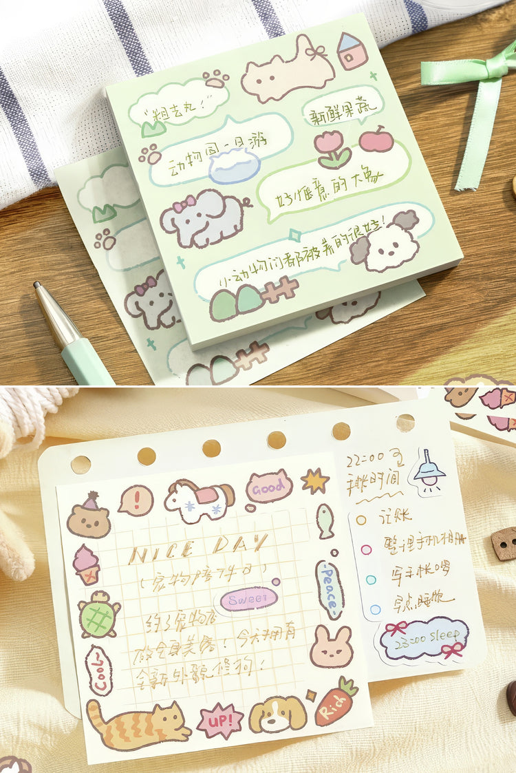 Pastel sticky notes with animal designs cartoon icons and decorative borders on perforated and square sheets