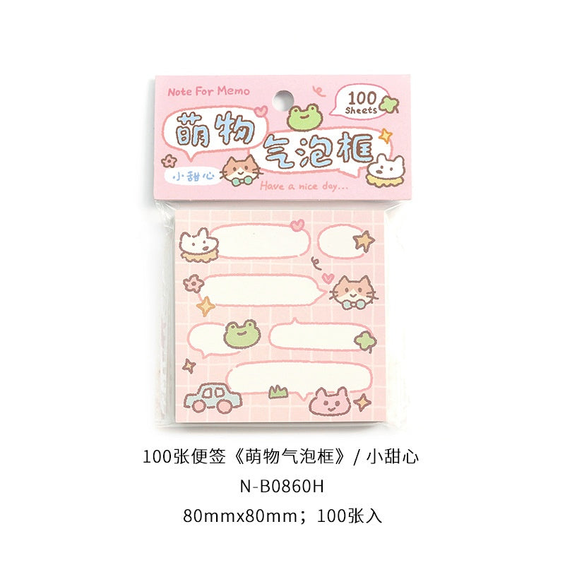 Pink grid sticky notes with cartoon animals speech bubble designs and stars 80mm x 80mm pack of 100 sheets