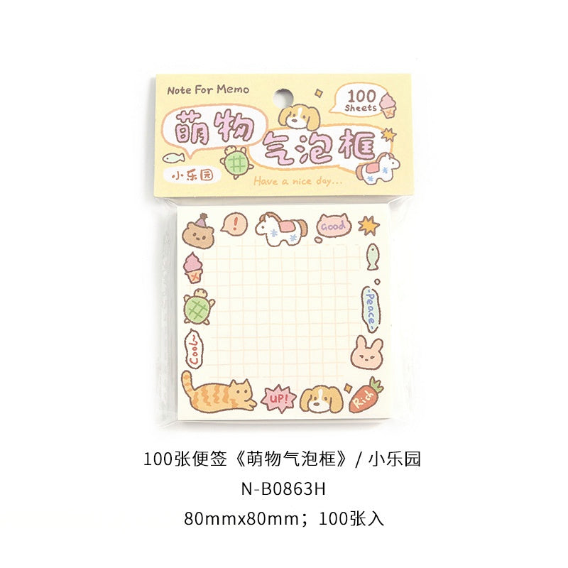 Square sticky notes with a pastel grid design colorful cartoon animal illustrations and playful text on beige paper