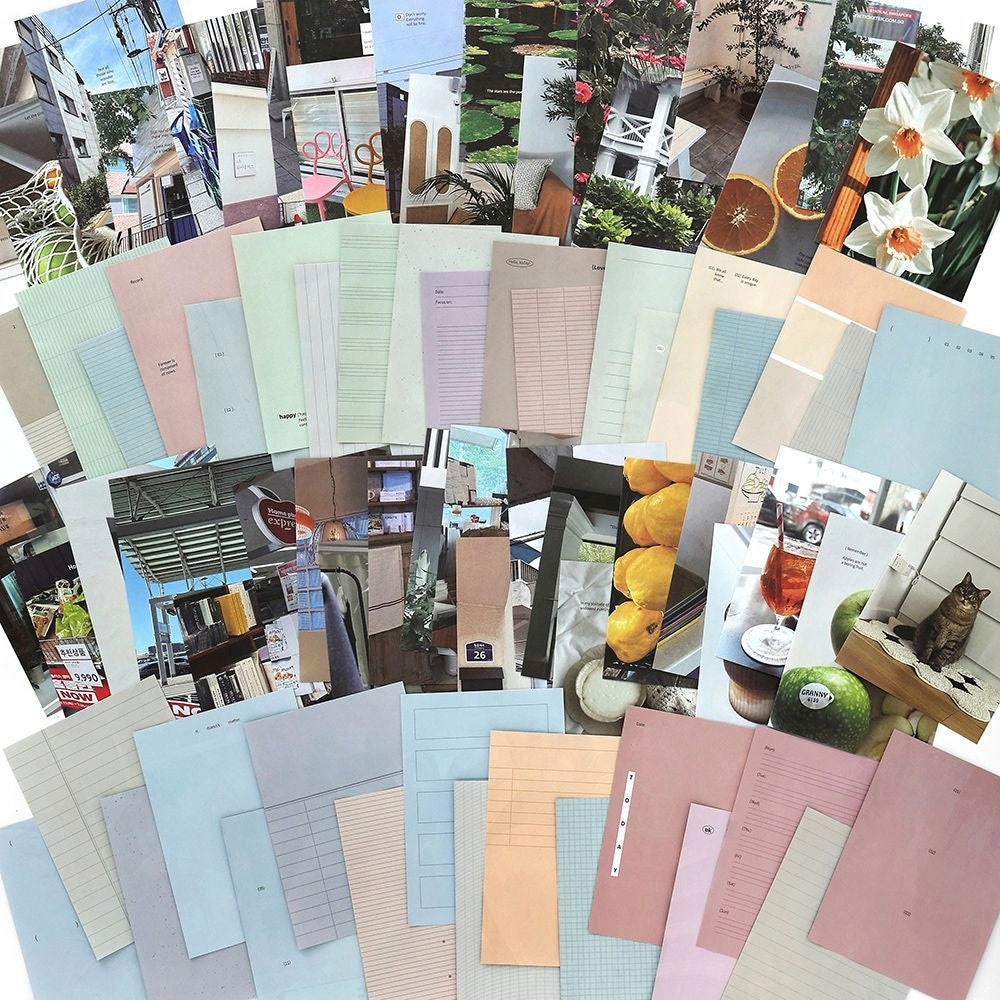 Assorted pastel and gridpatterned stationery papers paired with vibrant lifestyle and naturethemed photo prints