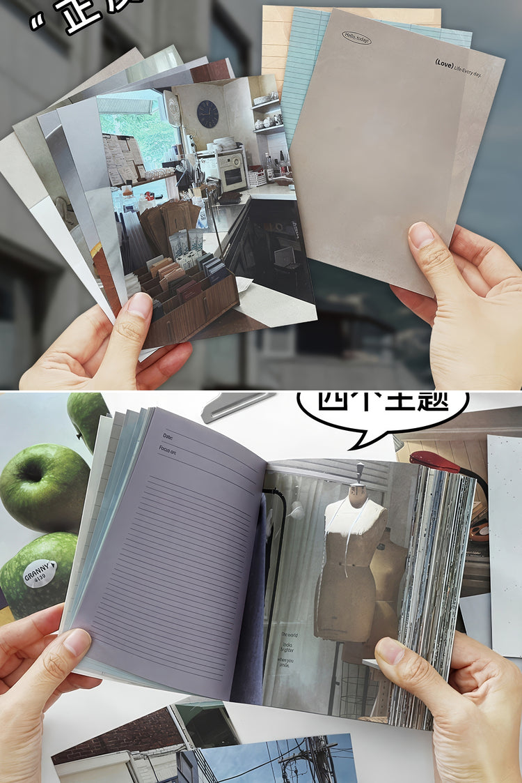 Minimalist gray softcover notebook with mixed photo pages blank lined sections and glossy premium paper