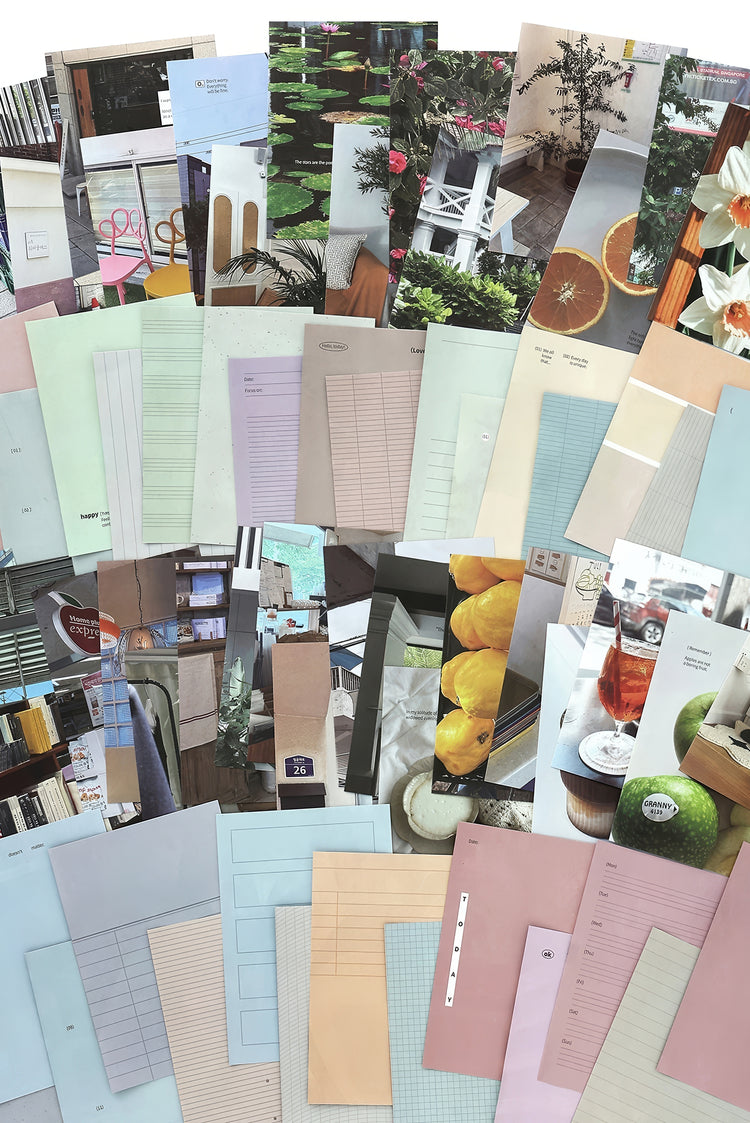 Assorted pastelcolored grid and lined notepapers with vibrant photo prints of fruits gardens and interiors