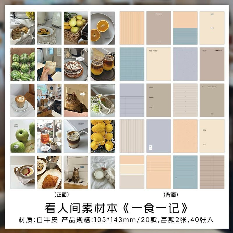 Minimalist scrapbook set with food animals and pastel grid designs 105x143mm 20 styles 40 sheets faux leather