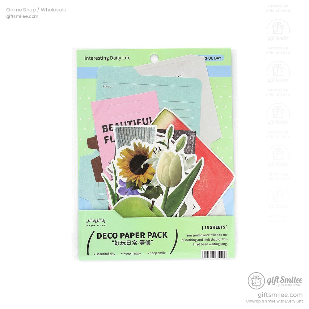 Greenthemed deco paper pack with 15 sheets featuring floral stickers pastel notepaper and vibrant designs