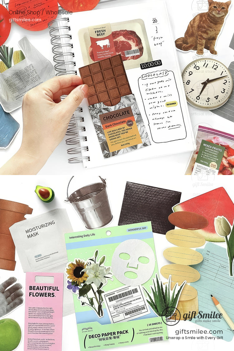 Assorted stationery items including stickers deco paper and a chocolateshaped notepad with vibrant and playful designs