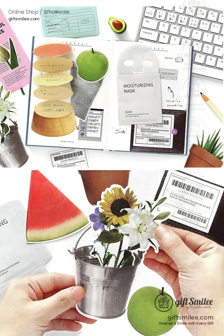 Open journal with stickers vibrant flowers in a silver bucket green apple watermelon slice and moisturizing mask