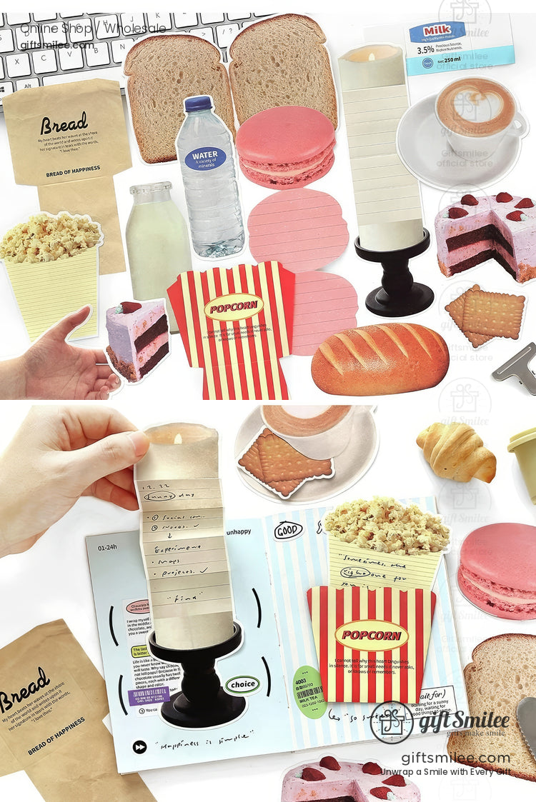 Assorted foodshaped paper notes including pink macarons popcorn bread slices and milk bottles with a whimsical design