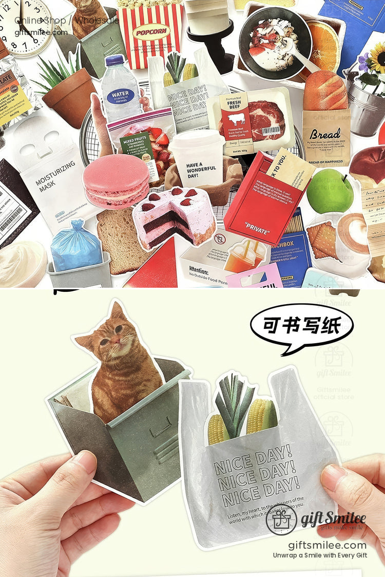 Assorted colorful paper stickers of food beverages books and a cat featuring playful designs and detailed illustrations