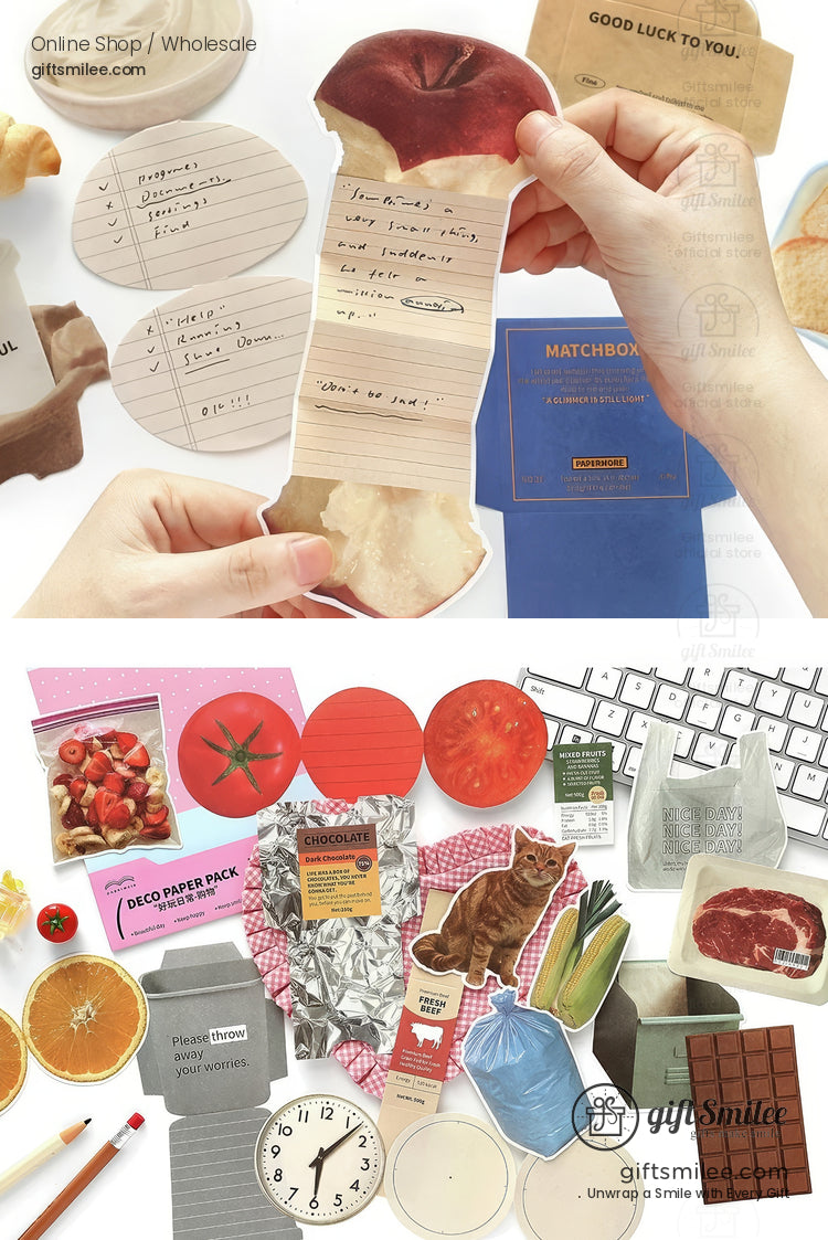 Assorted novelty stationery shaped like food clocks and objects featuring vibrant colors and unique paper designs