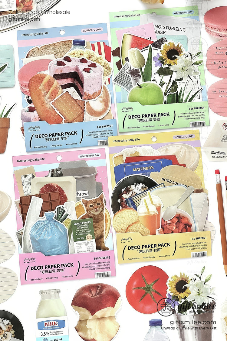 Assorted decorative paper packs with vibrant food floral and everyday life designs in pastel pink blue yellow and green packaging