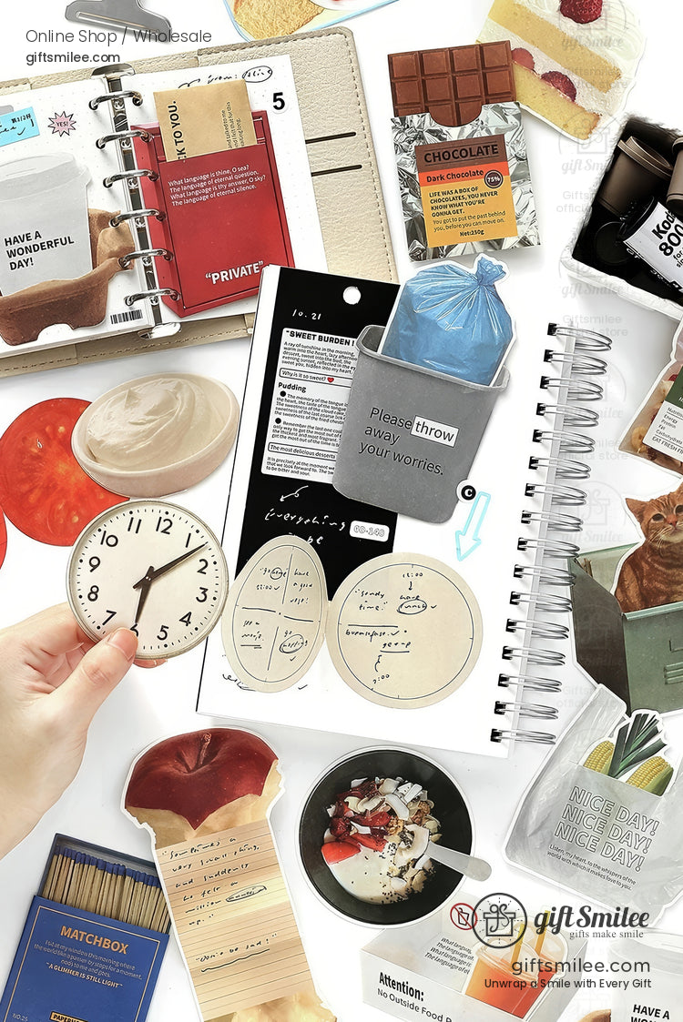 Assorted stationery and stickers including a planner clockshaped memo pad food designs and colorful decorative paper