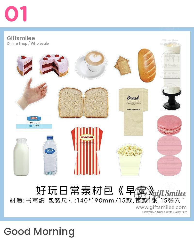 Assorted foodthemed stickers featuring bread cake popcorn milk water bottle macaron and latte on white