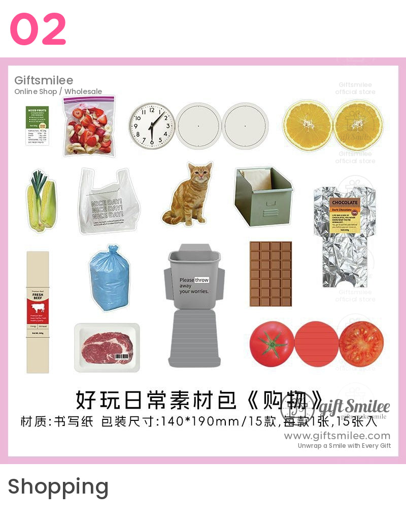 Assorted realistic stickers of groceries and household items including fruits vegetables chocolate and a trash bin design