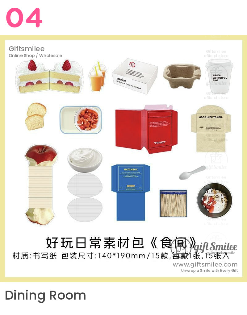 Foodthemed stationery set with red white beige and blue designs featuring cake fruit yogurt and matchbox motifs