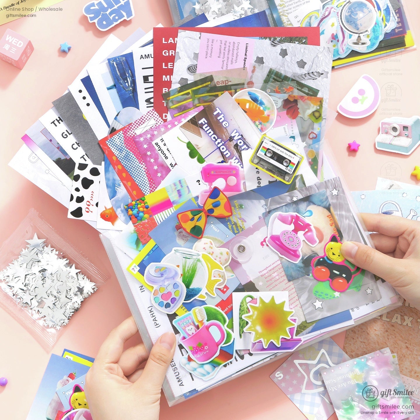 Colorful stationery set with vibrant stickers postcards holographic sheets and playful designs on a light peach desk