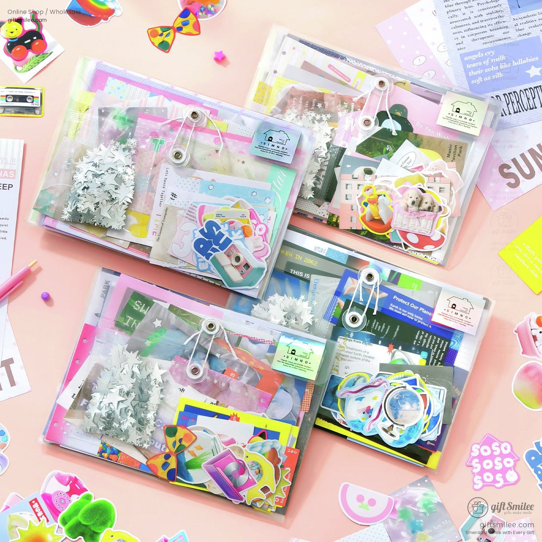 Colorful stationery set with vibrant stickers postcards holographic sheets and playful designs on a light peach desk