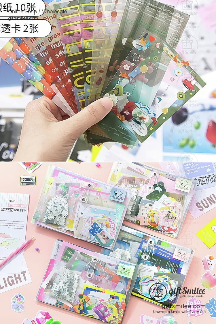 Colorful translucent decorative stickers with playful patterns packaged in vibrant pouches for scrapbooking and crafts