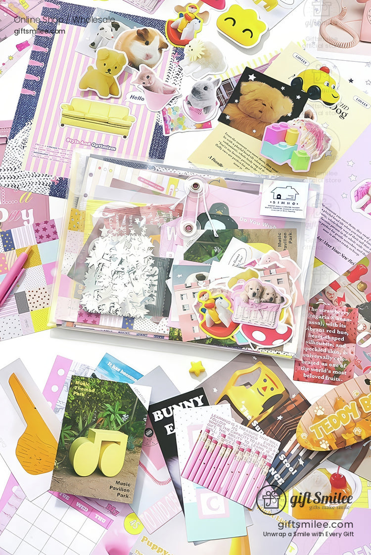 Assorted pastel stationery set with stickers cards and pens featuring cute animal designs and vibrant patterns