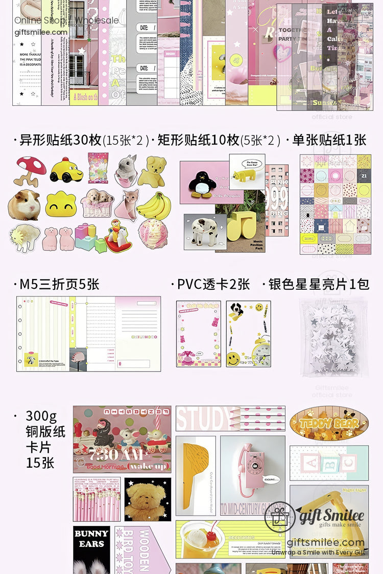 Pastel stationery set with stickers memo sheets transparent PVC cards and bearthemed designs in pink and yellow
