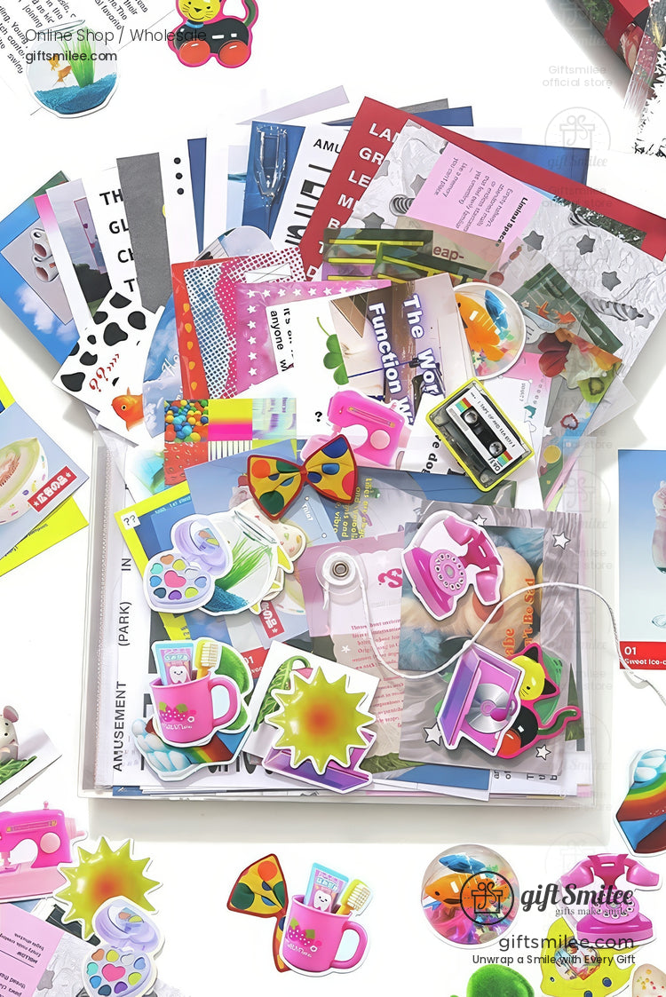 Colorful stationery set with vibrant stickers patterned papers mini booklets and playful designs in a spread layout