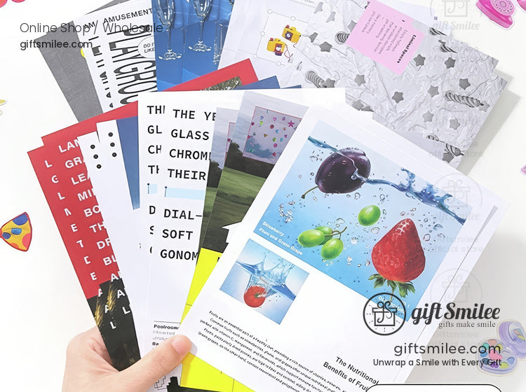 Colorful printed sheets with vibrant designs text and graphics including fruits patterns and bold typography