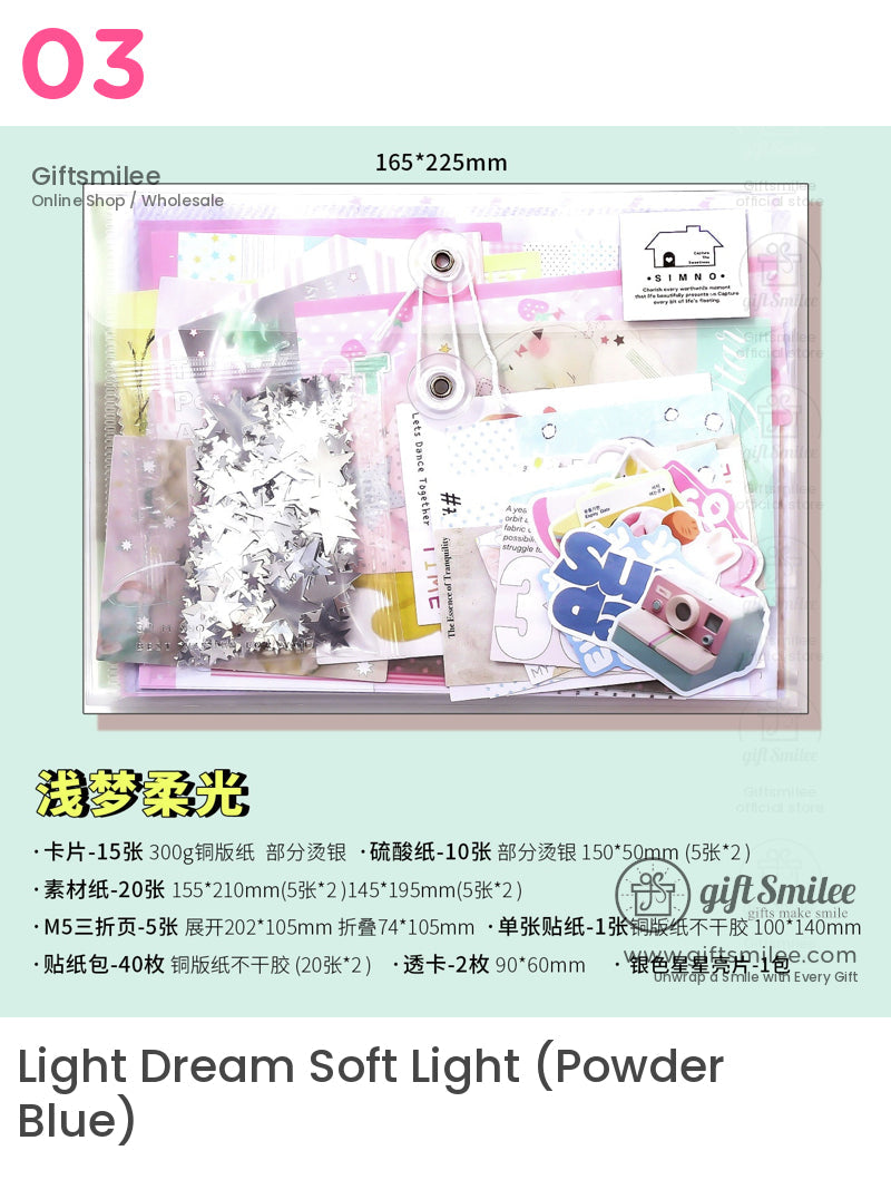 Transparent plastic pouch with colorful stationery silver star confetti stickers and pastelthemed paper sheets