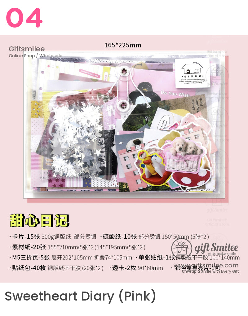 Clear stationery pouch with pastelcolored paper silver star confetti cute puppy stickers and decorative cards