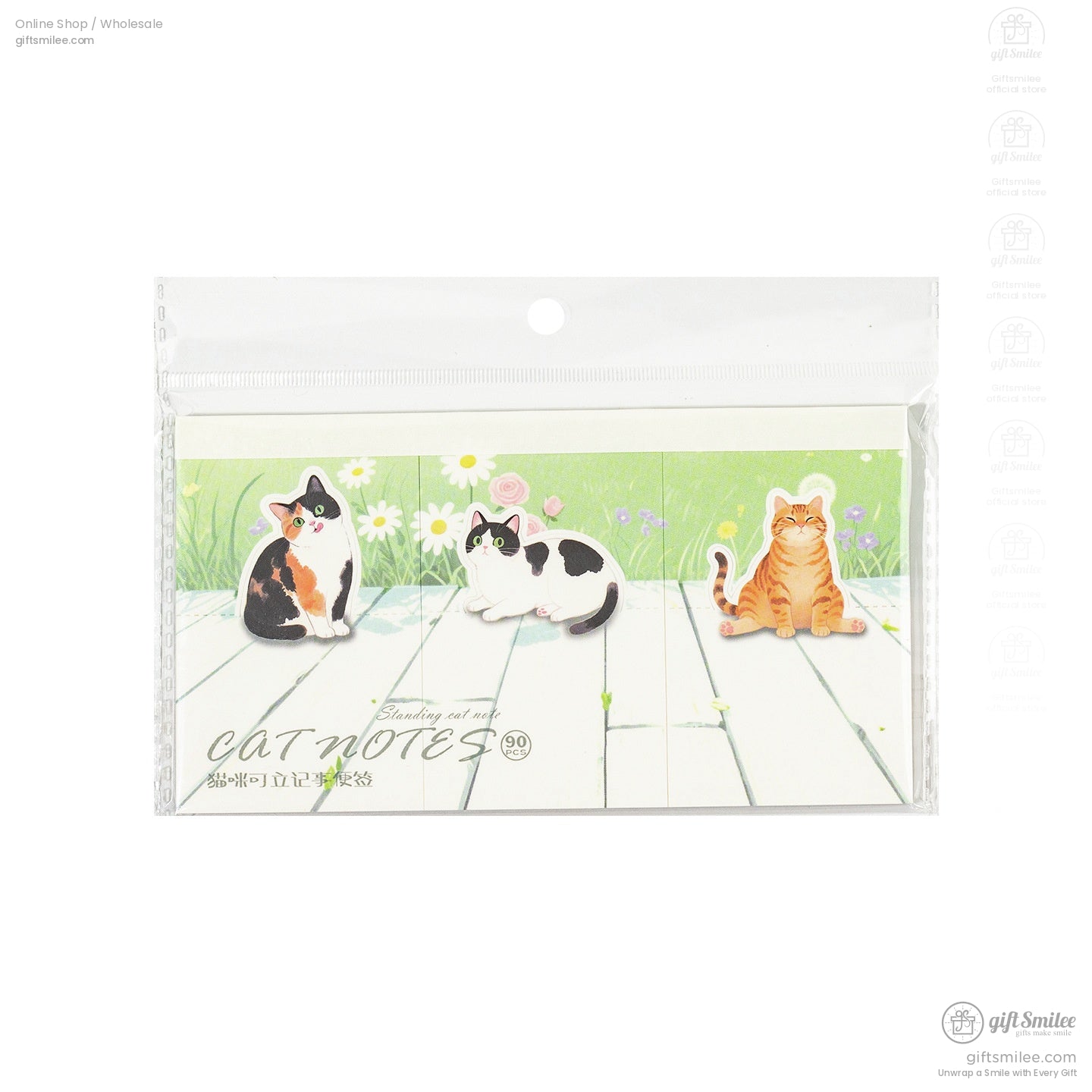 Decorative cat sticky notes with calico blackandwhite and ginger tabby designs on a floral green background