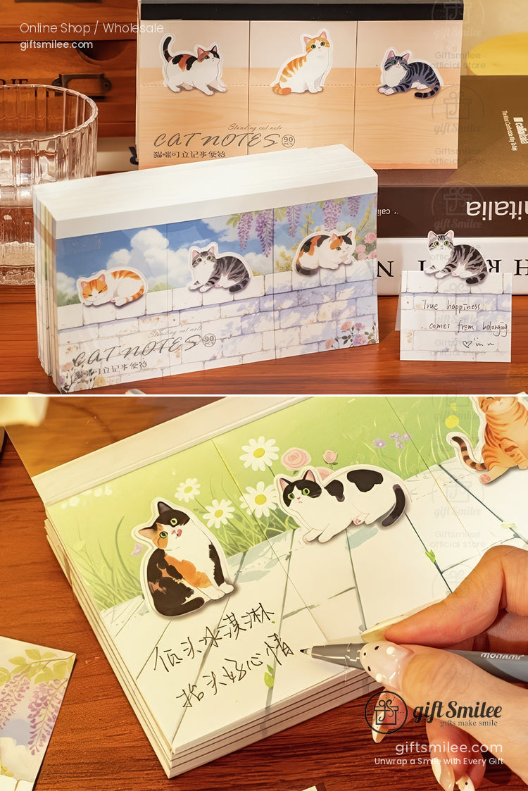 Catthemed sticky notes with colorful illustrations of playful kittens on scenic backdrops ideal for writing or organizing