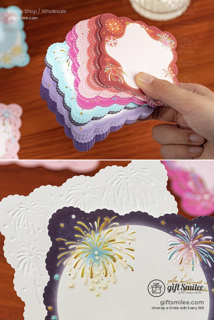 Scallopededge note cards in pastel and jewel tones with embossed gold and colorful firework designs