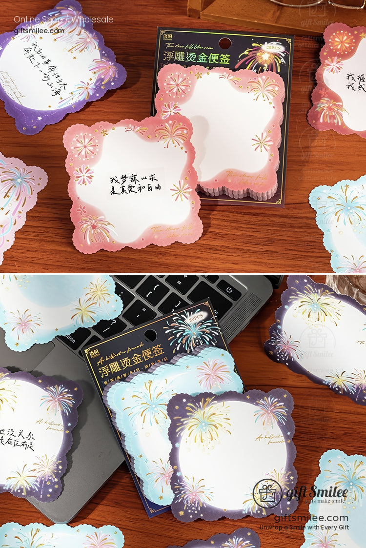 Scallopededge notepads with pink purple and blue fireworks designs accented with gold foil details