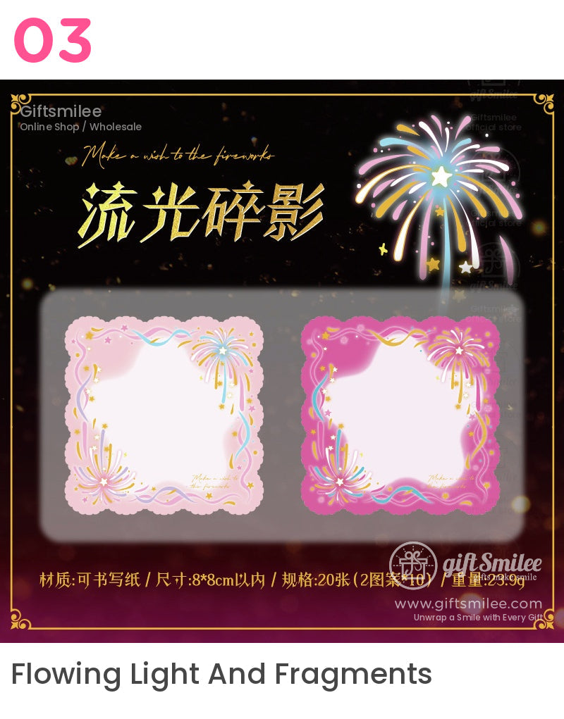 Pink and white decorative notepaper with scalloped edges fireworks design gold accents and colorful ribbon details