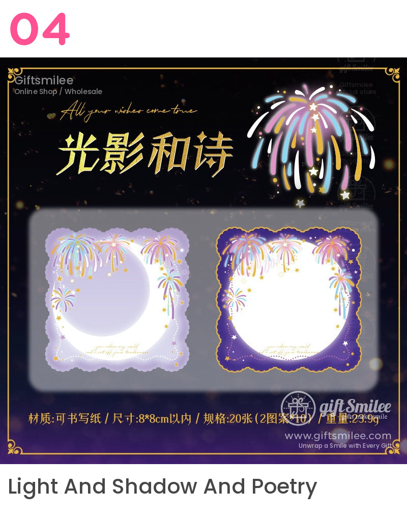 Purple and navy square notepads with scalloped edges crescent moon colorful fireworks and gold star accents