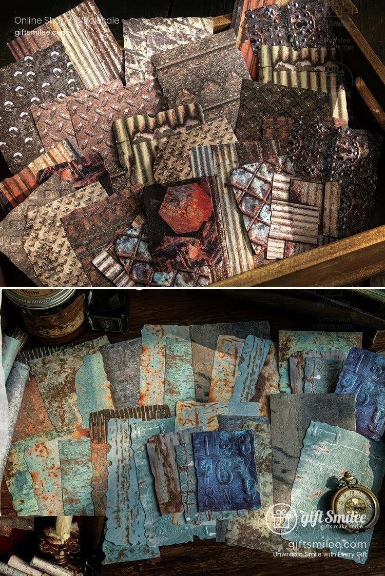 Embossed Textured Rusted Metal Motif Vintage Scrapbooking Paper Pack | KS-CK-1259