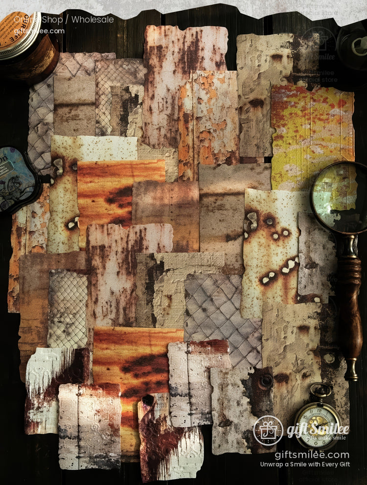 Embossed Textured Rusted Metal Motif Vintage Scrapbooking Paper Pack | KS-CK-1259